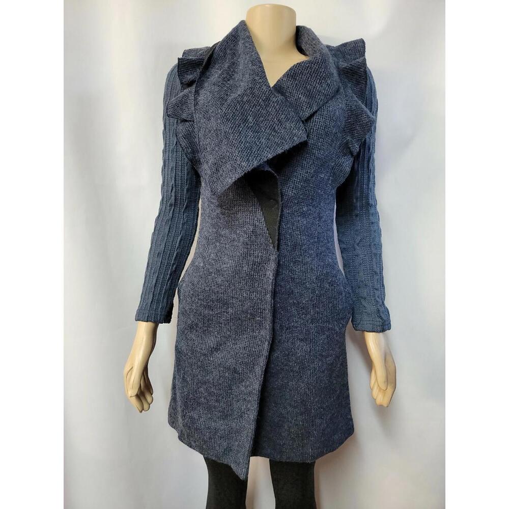 Lulumari Knit Navy Ruffled Cardigan Sweater Womens Size S Long Sleeve #W5